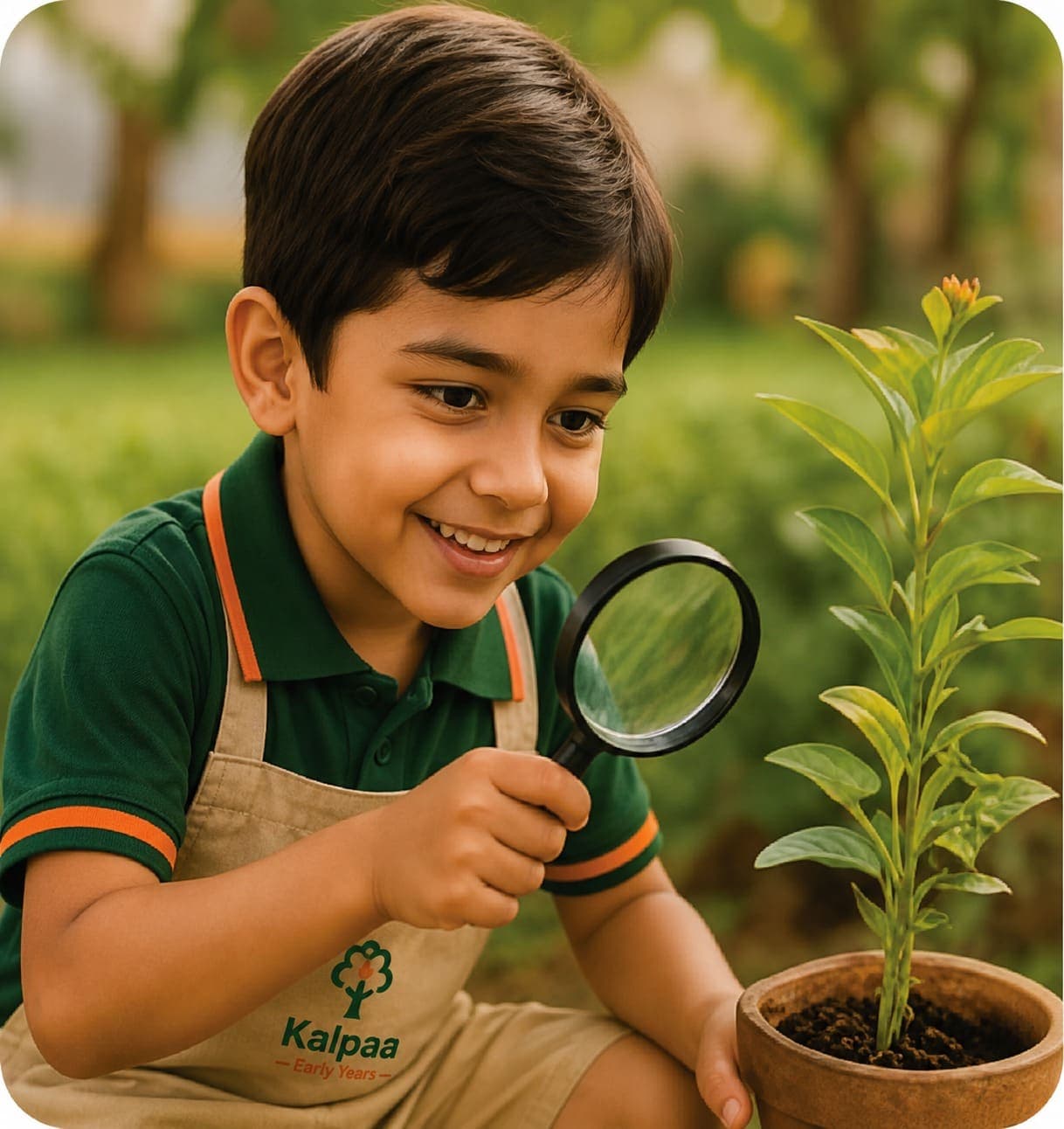 A child studying a plant through a magnifying glass