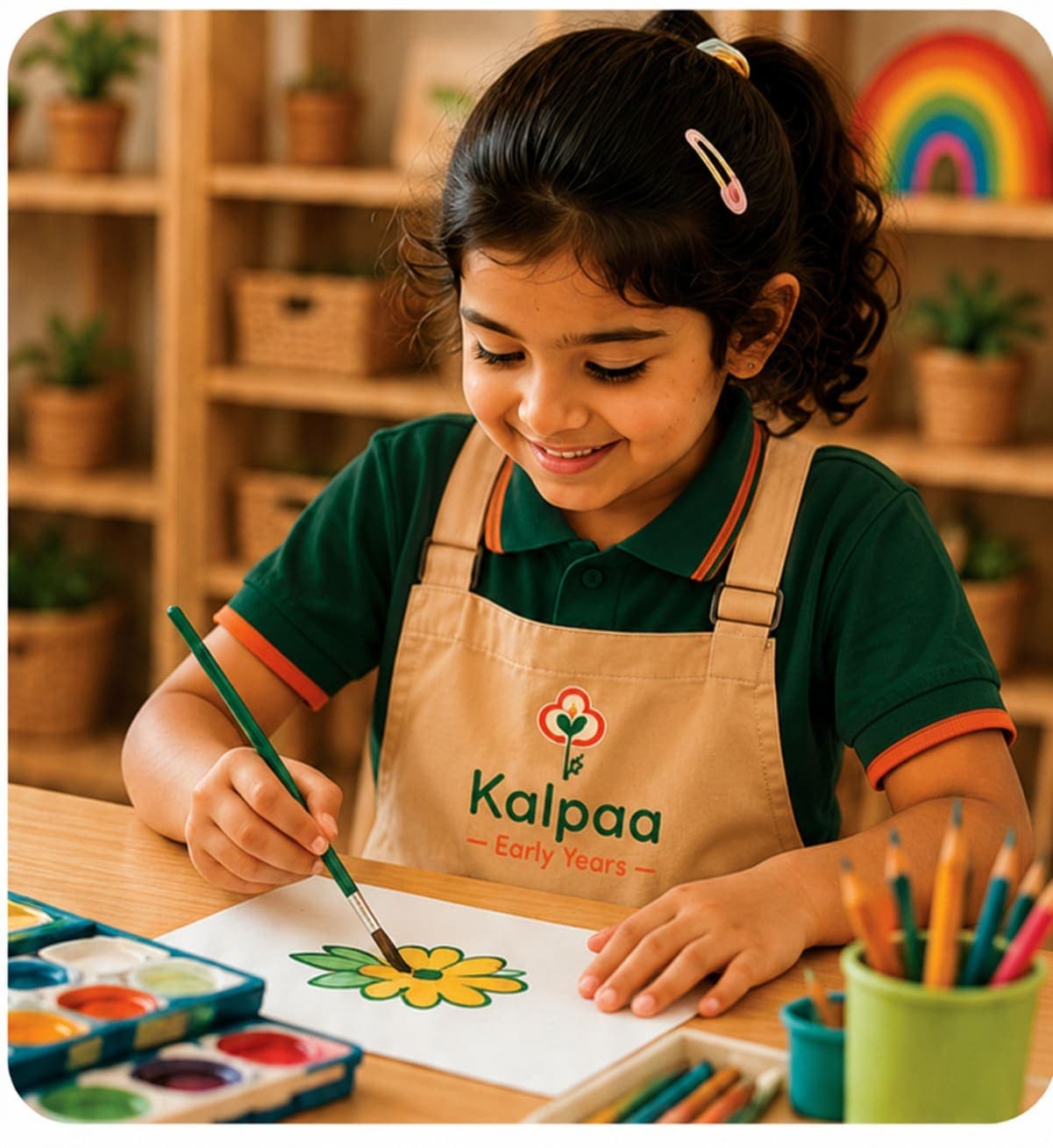 A child colouring at the atelier table