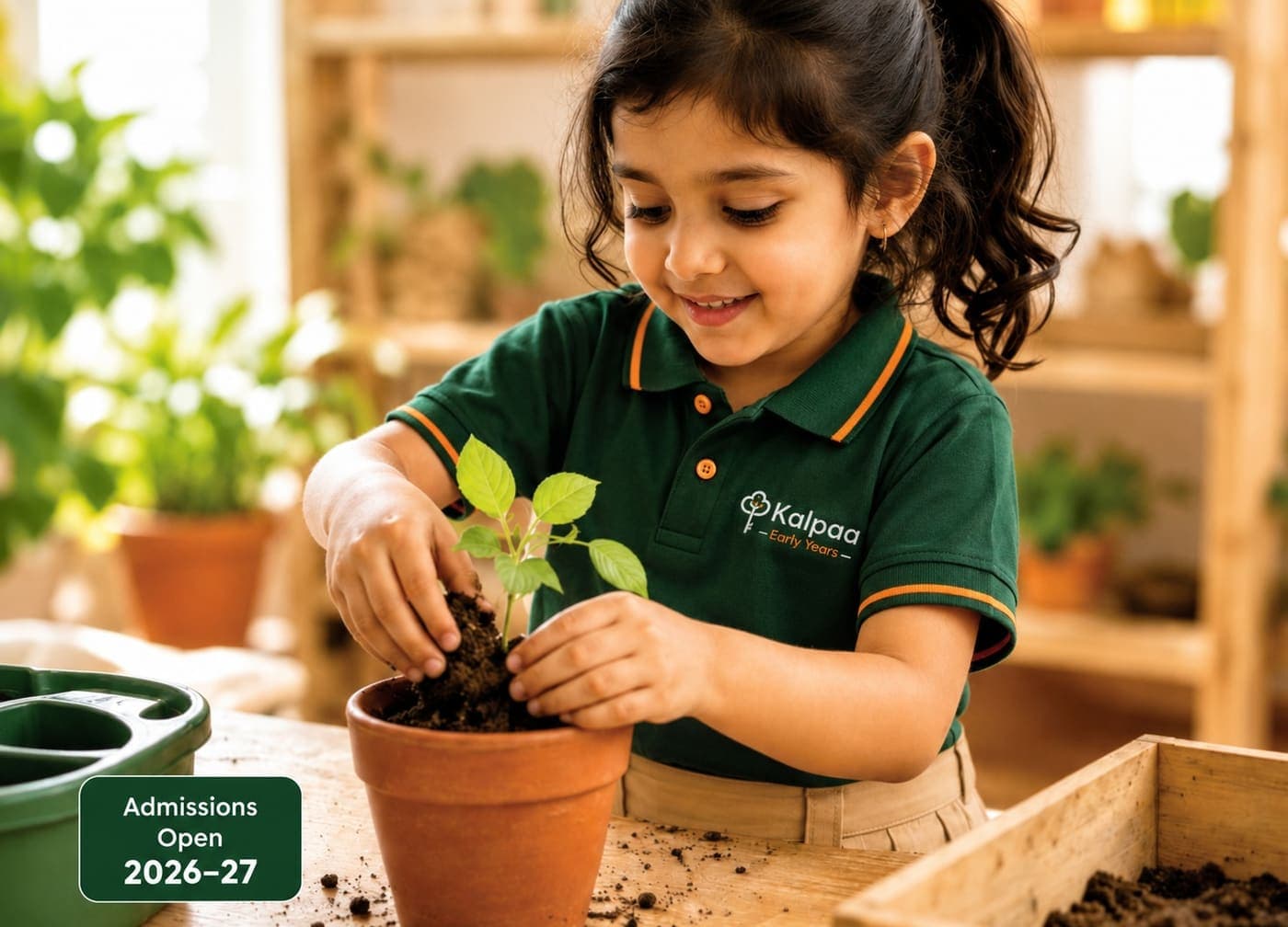 A child potting a seedling in the garden