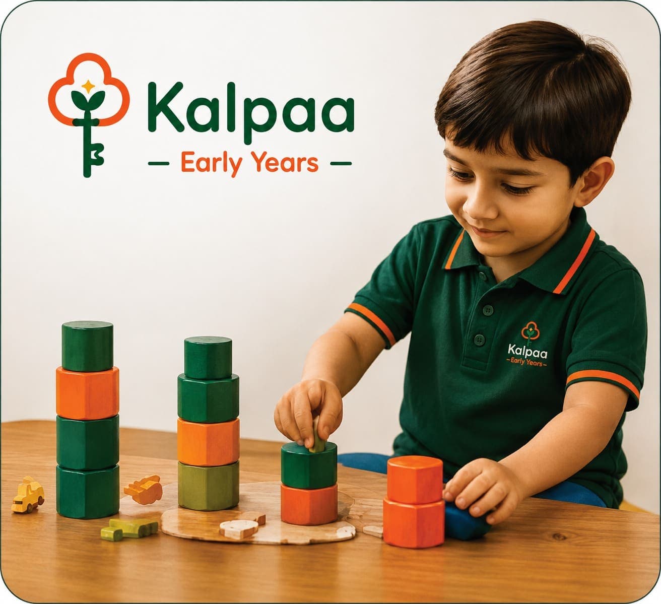 Two children stacking wooden blocks together