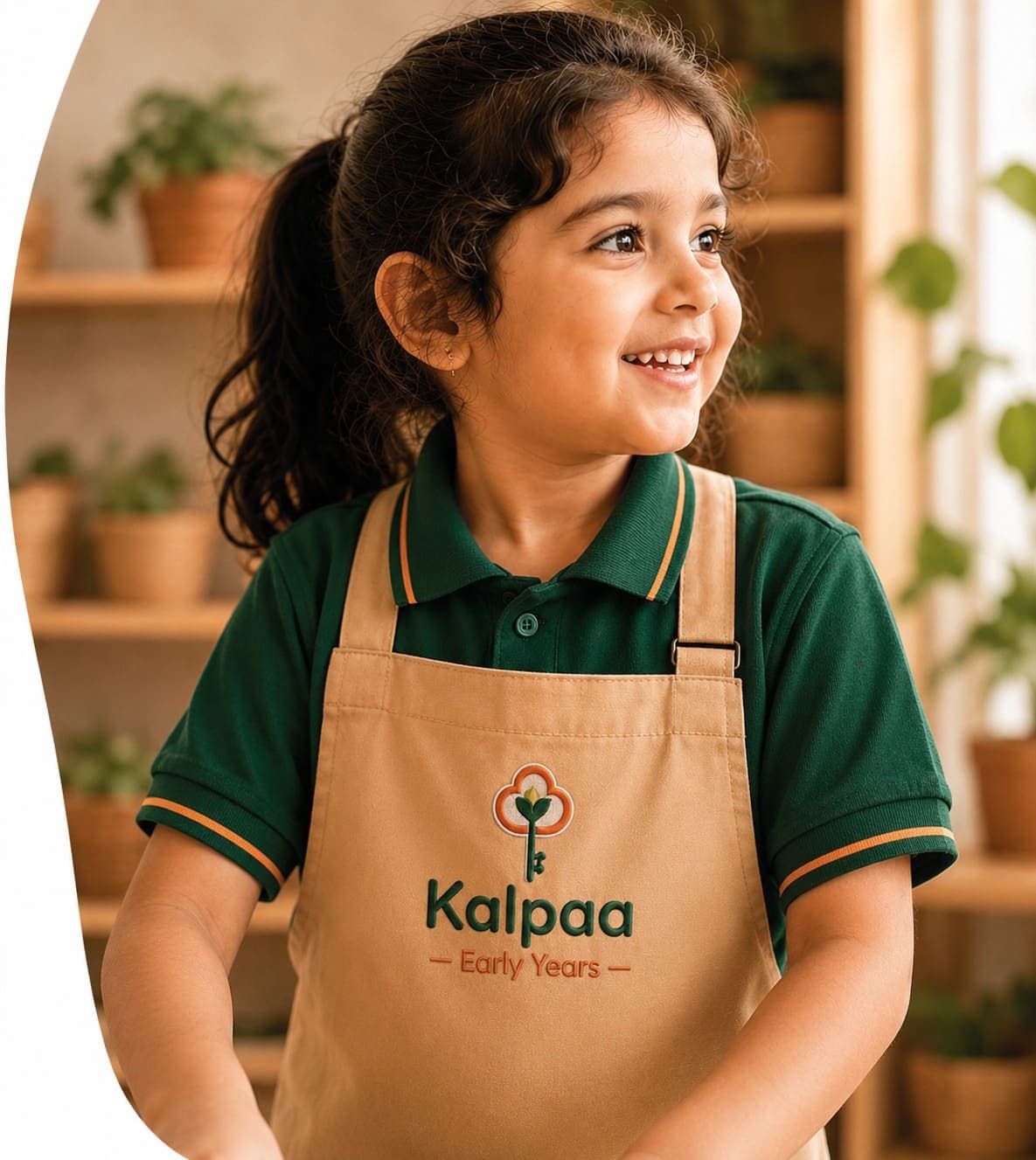 A child in her Kalpaa apron, mid-project