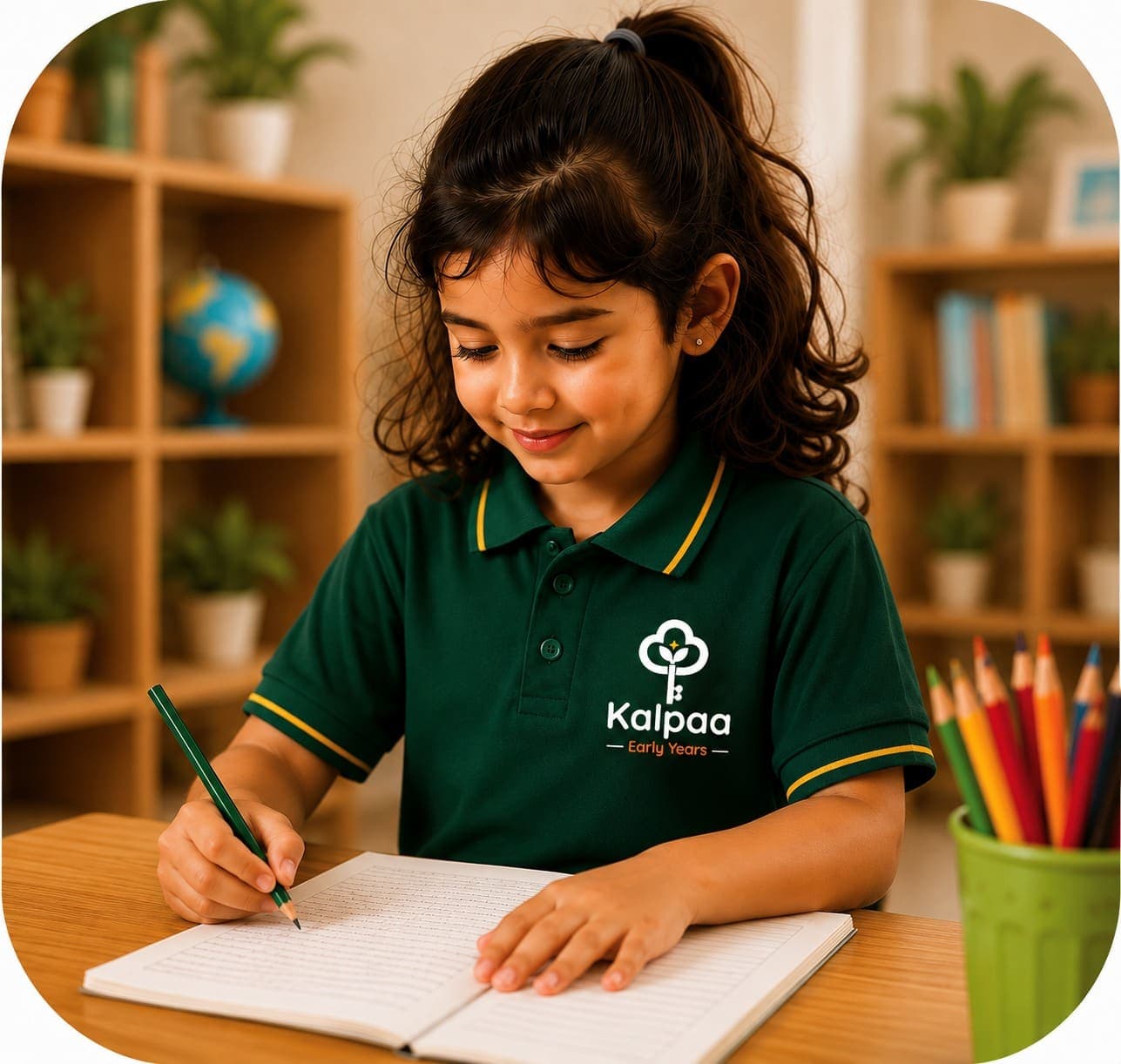 A child practising writing, colour pencils at hand