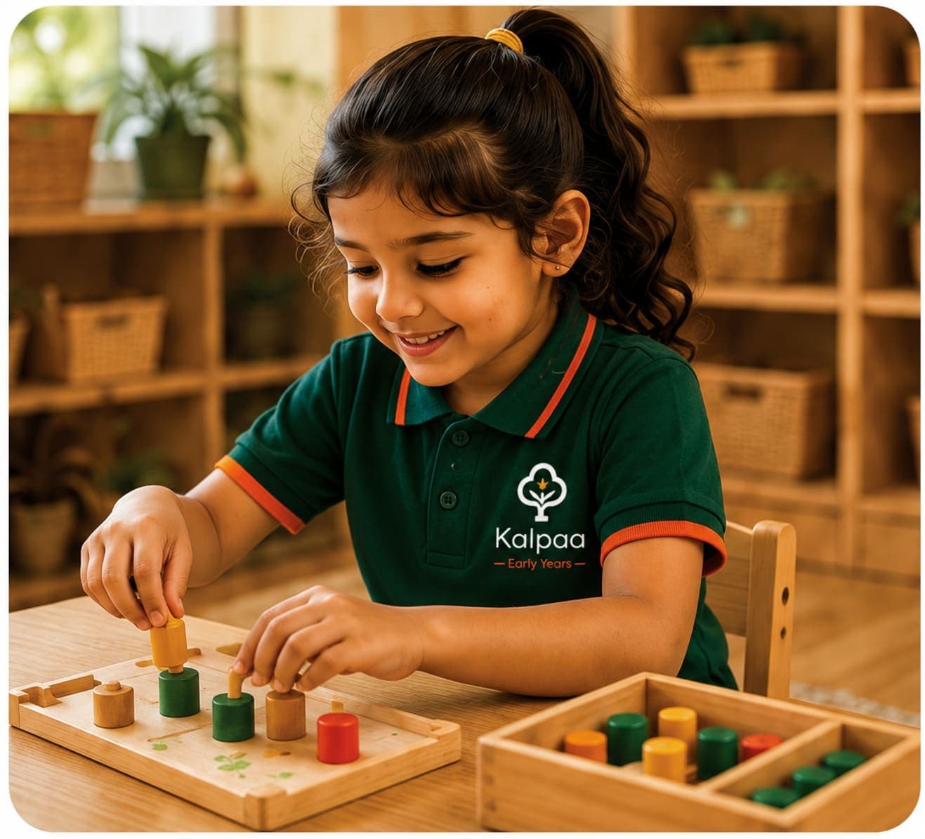 A child working through a tray of wooden blocks