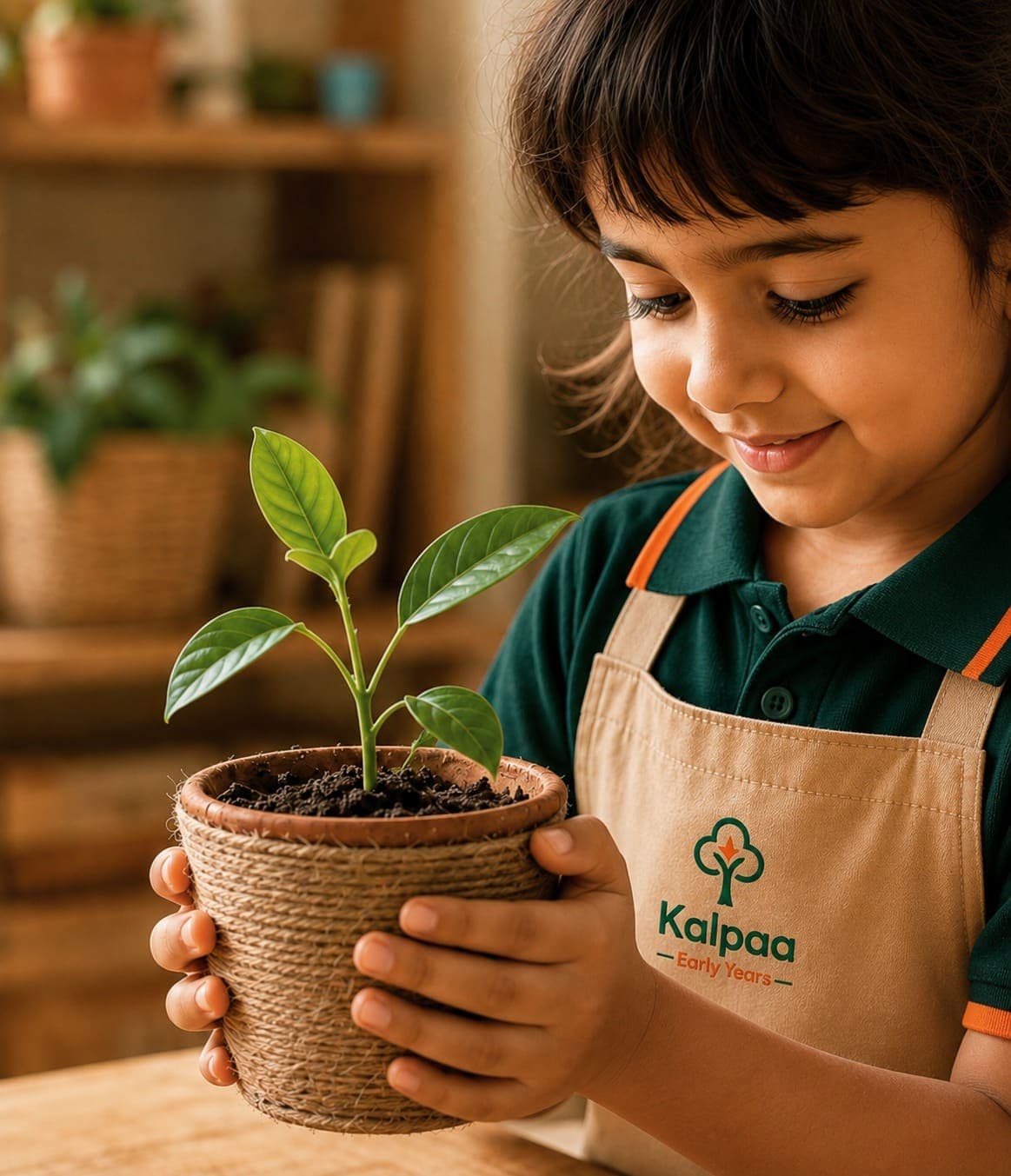 A child holding a potted seedling