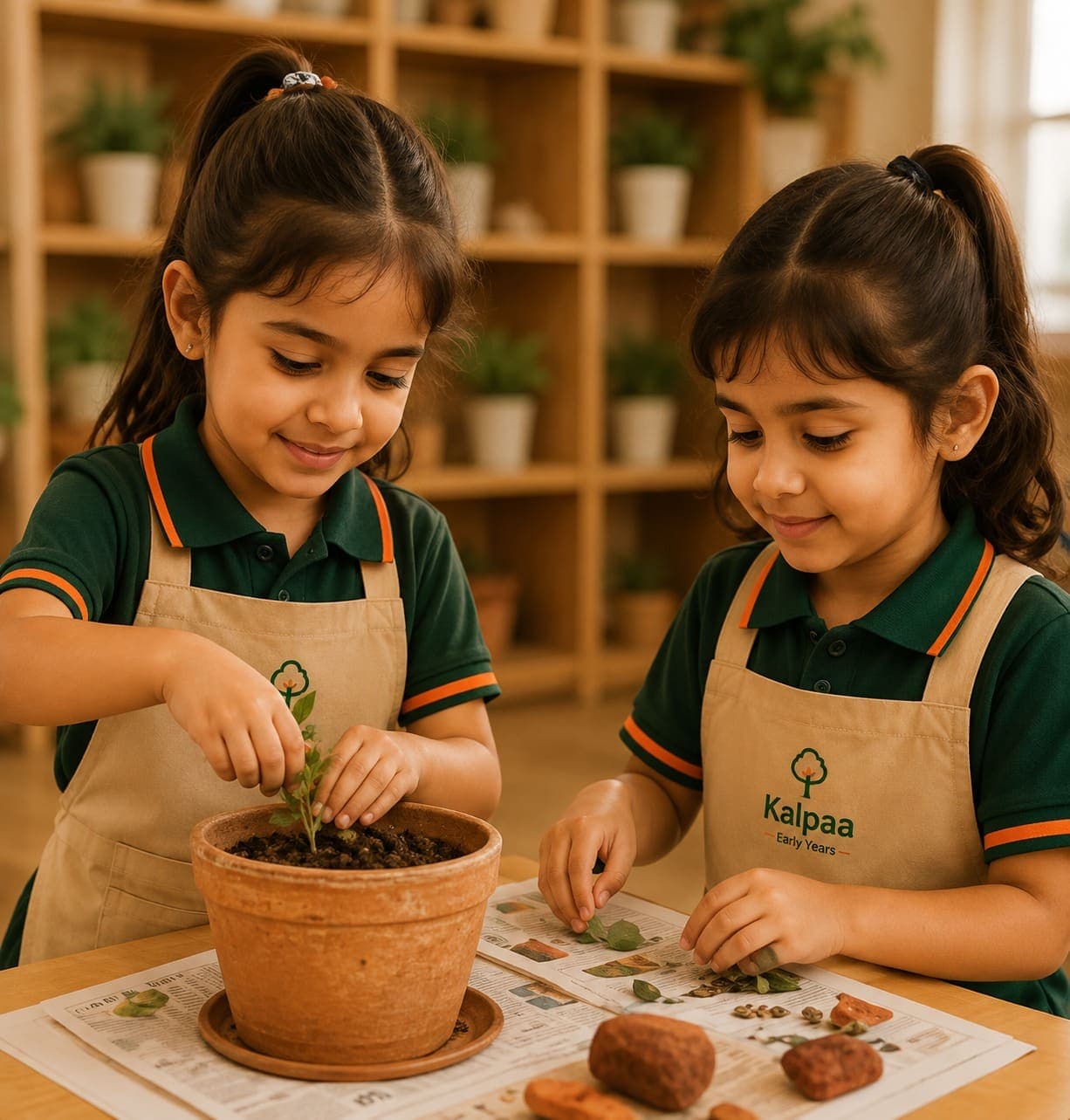 Two children planting a seedling together