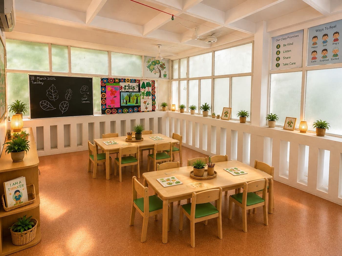 A bright classroom with its blackboard and low tables
