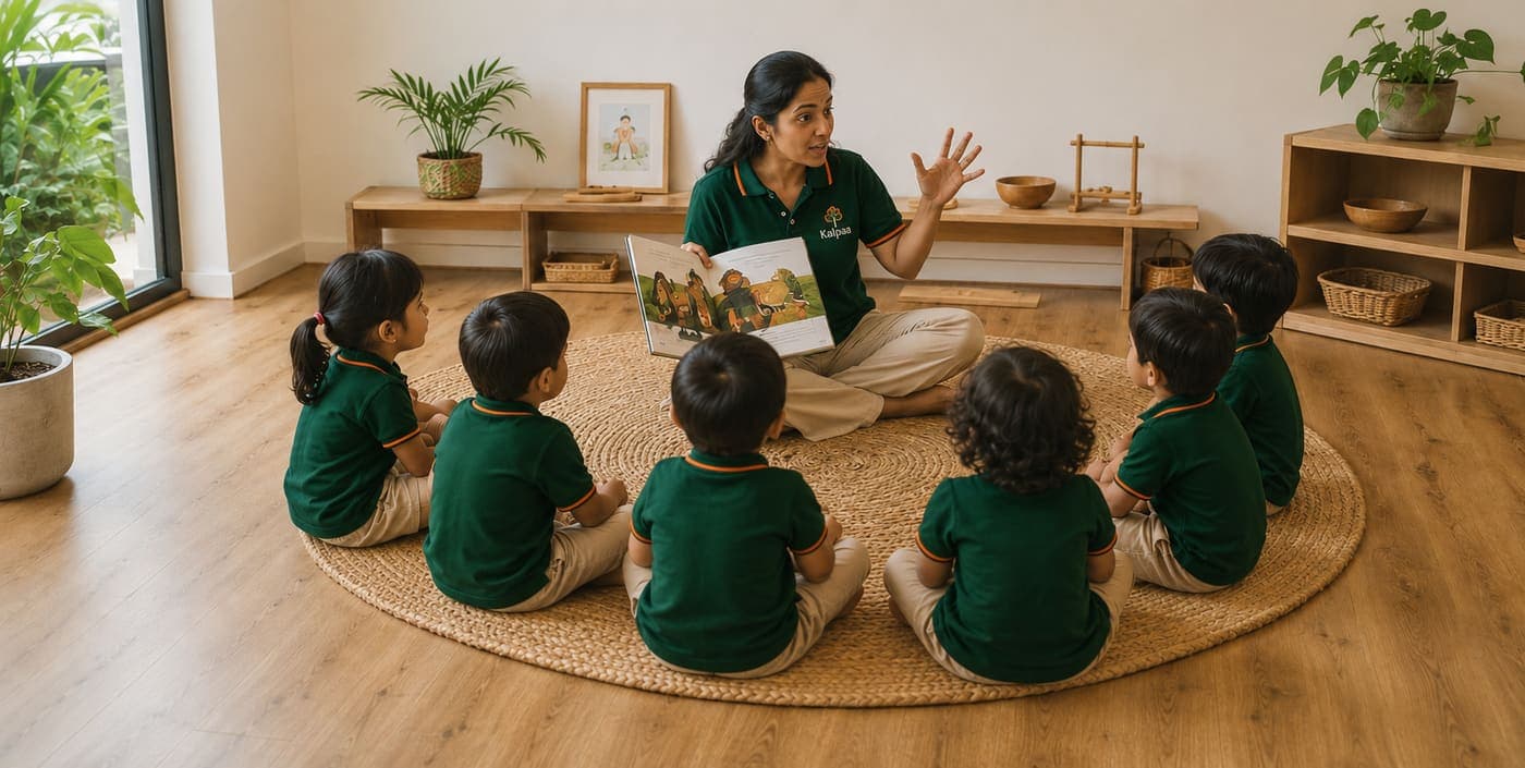 A teacher reading to children gathered on the rug