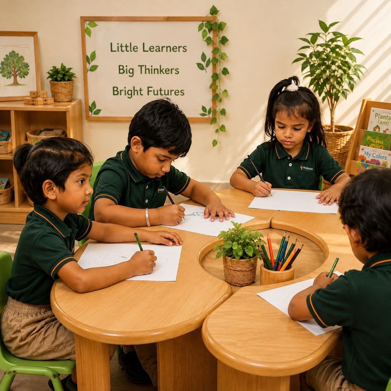 Four Kalpaa children drawing together at a classroom table
