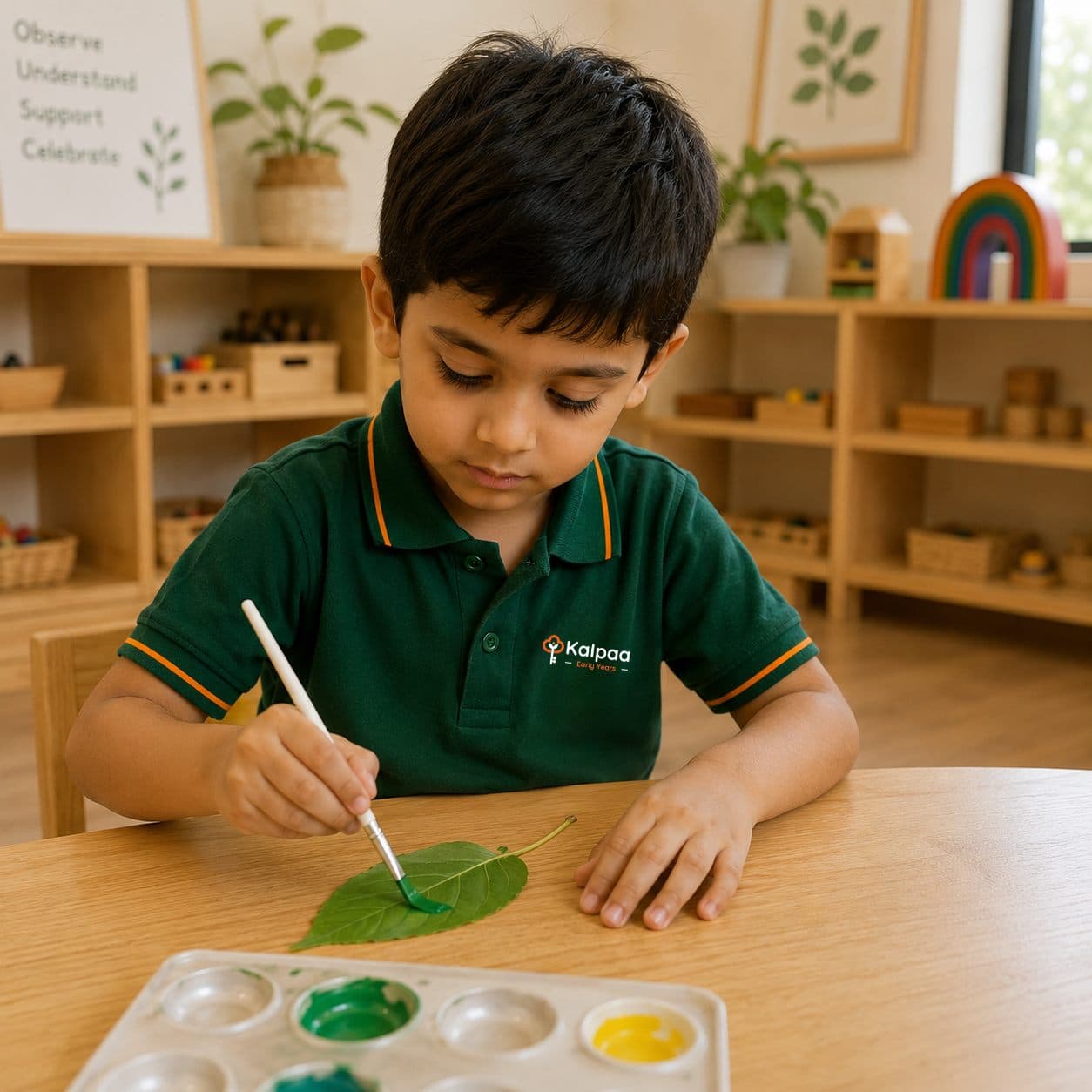 A Kalpaa child painting a leaf at the atelier table