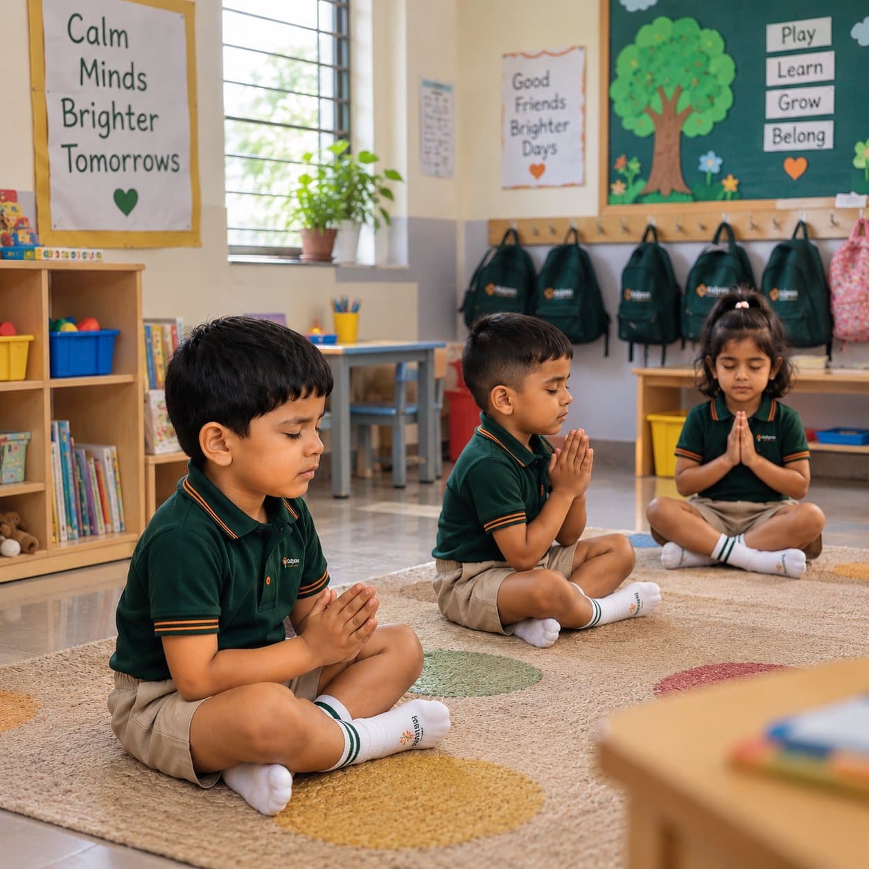 Three children sitting cross-legged for a quiet moment on the classroom rug
