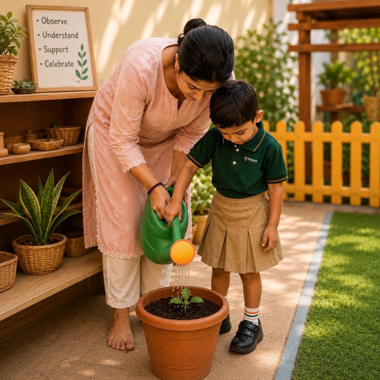 A child tending a potted plant