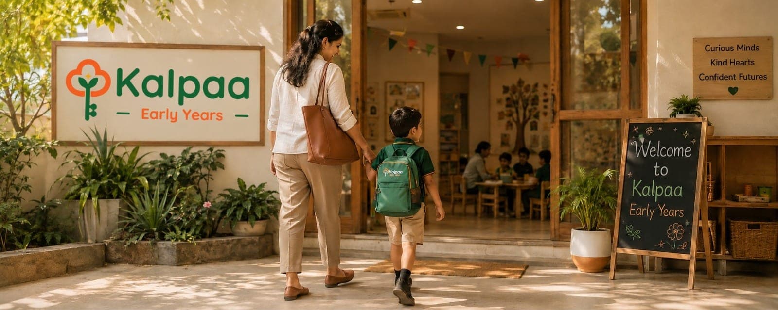 A parent walking her son through the Kalpaa entrance past the welcome board