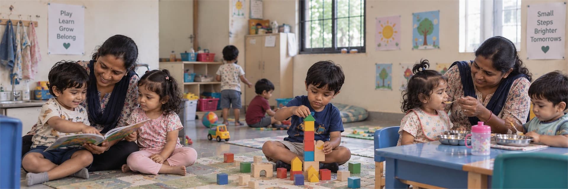 Two children reading and doing a puzzle with their teacher in the Kalpaa daycare's quiet room