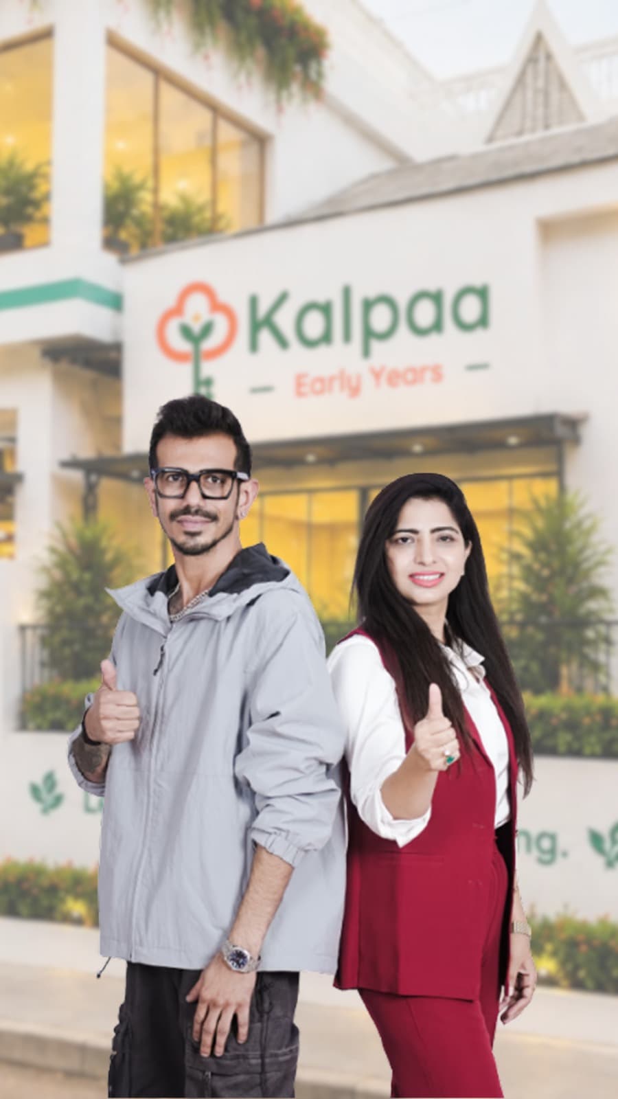Yuzvendra Chahal and a colleague giving a thumbs-up outside a Kalpaa Early Years centre