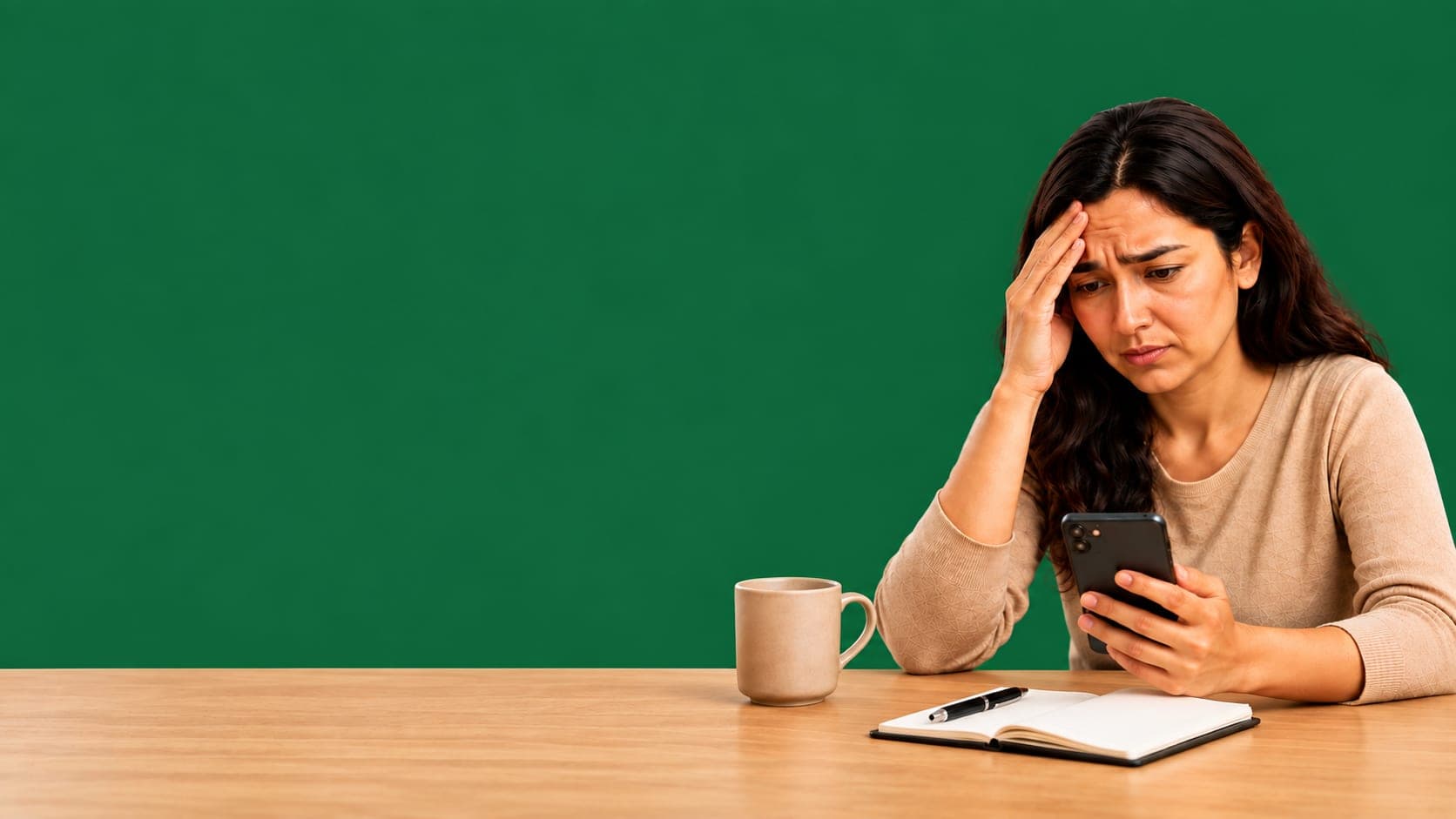 A worried mother at a desk, checking her phone with a notebook and coffee beside her