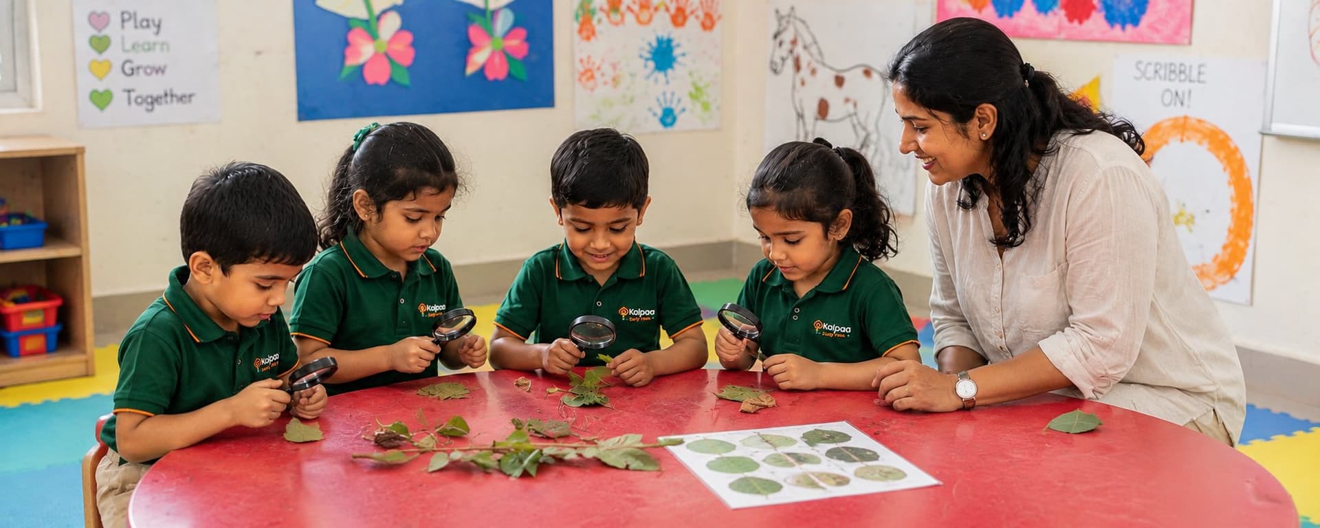 Kalpaa children examining leaves and seeds with magnifying glasses beside their teacher