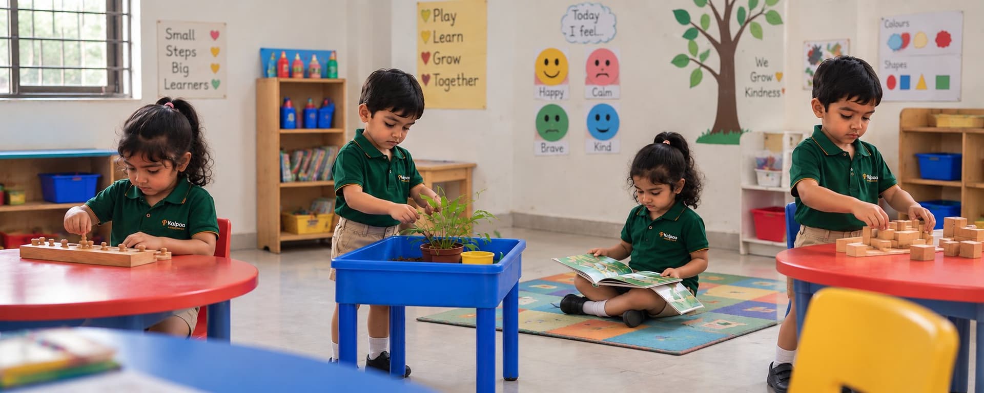 Kalpaa children at work across the classroom stations — sorting, planting, reading and building
