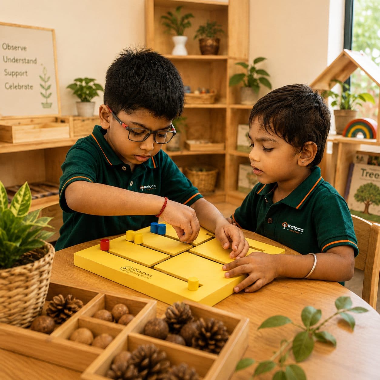 Two Kalpaa children working a wooden puzzle board