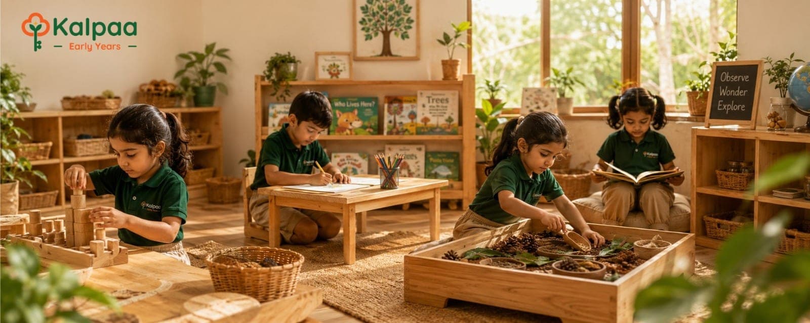 A Kalpaa classroom mid-morning — children at the block table, the writing desk, the nature tray and the reading corner