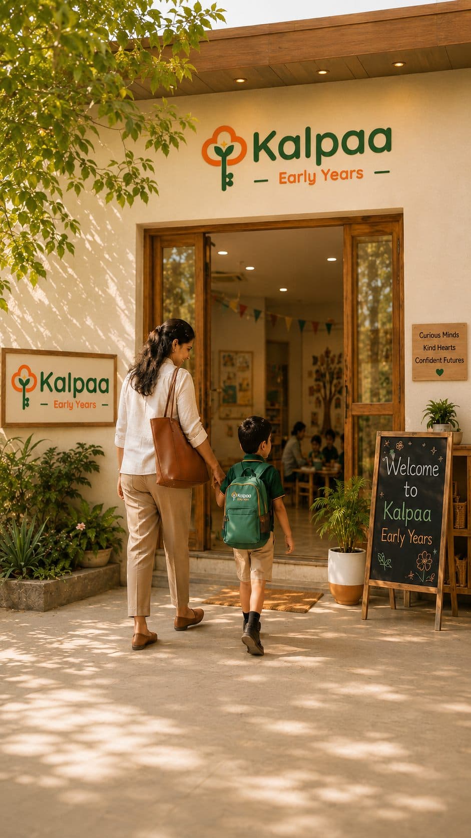 A parent walking her son through the Kalpaa entrance past the welcome board