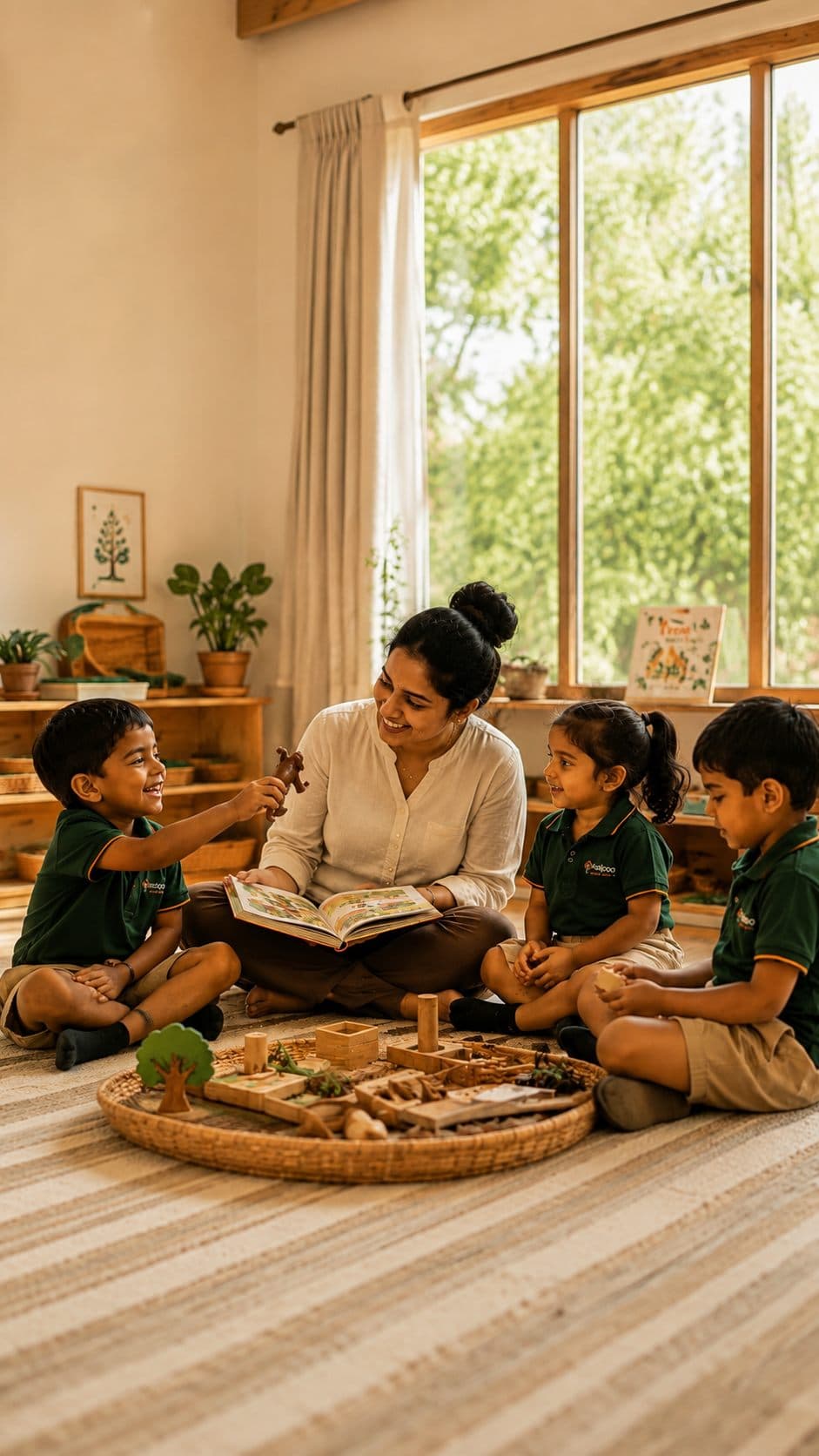 A Kalpaa teacher reading a picture book with children gathered on the floor