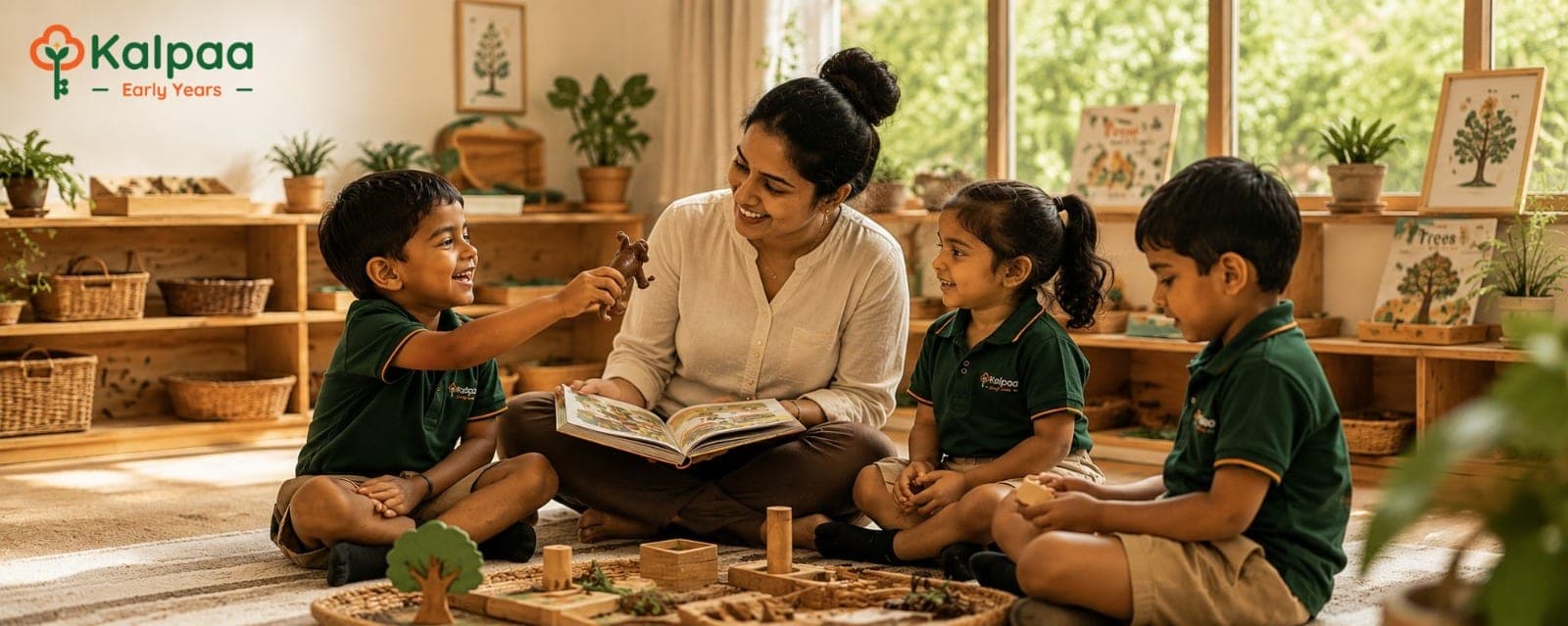 A Kalpaa teacher reading a picture book with children gathered on the floor