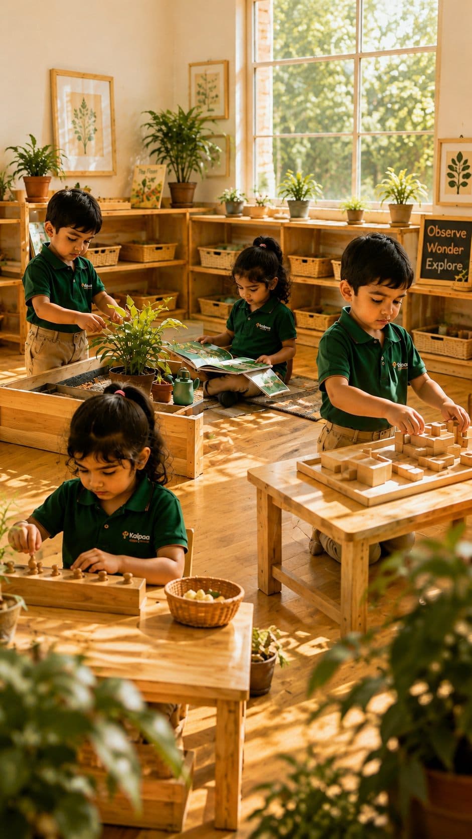 Kalpaa children at work across the classroom stations — sorting, planting, reading and building