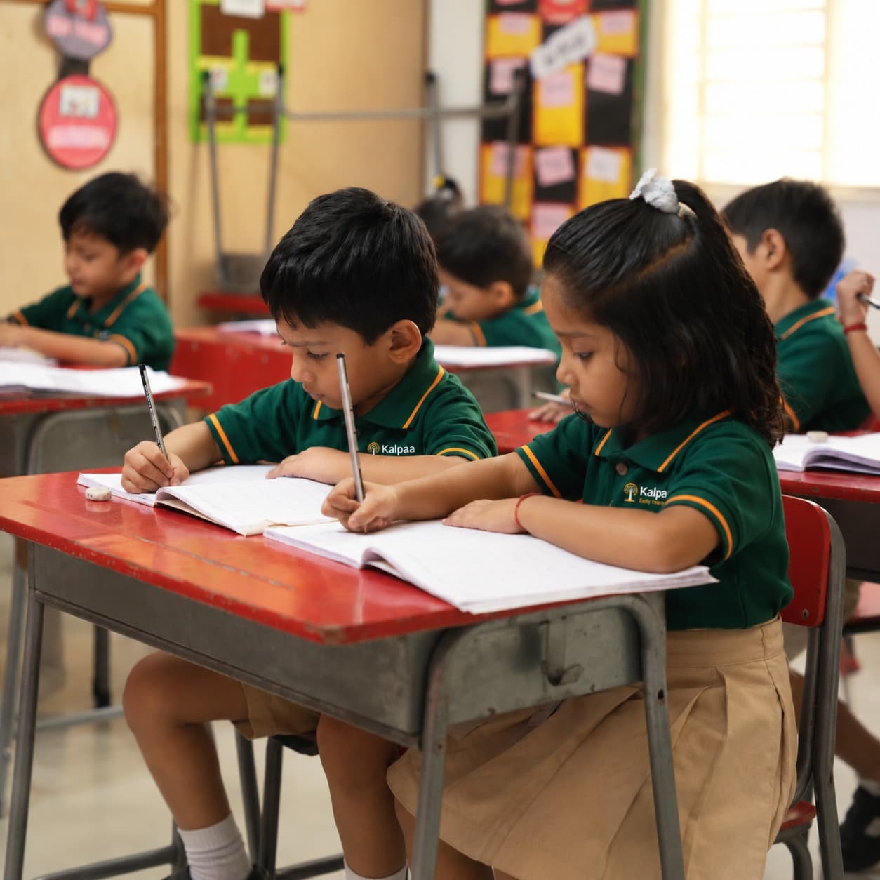 Kalpaa children writing in their notebooks at red classroom desks